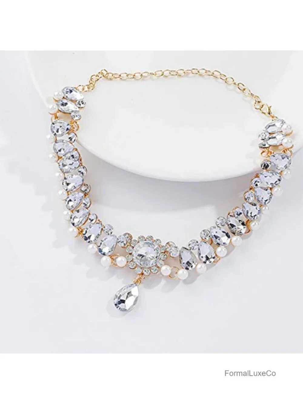 Rhinestone Crystal Pearl Choker Necklace Adjustable Chain Wedding